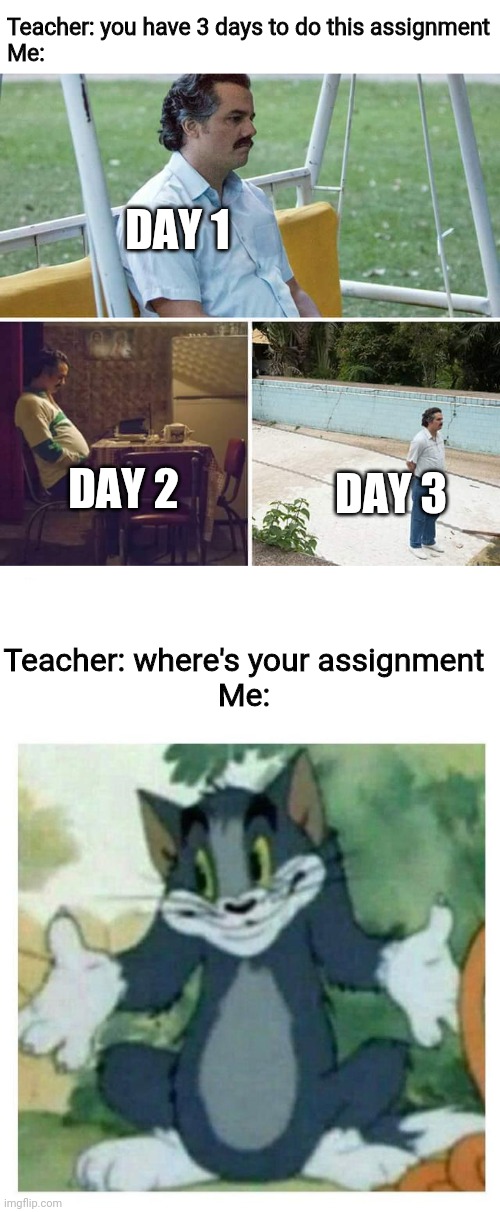Couldnt be bothered | Teacher: you have 3 days to do this assignment
Me:; DAY 1; DAY 3; DAY 2; Teacher: where's your assignment
Me: | image tagged in memes,sad pablo escobar,idk tom template | made w/ Imgflip meme maker