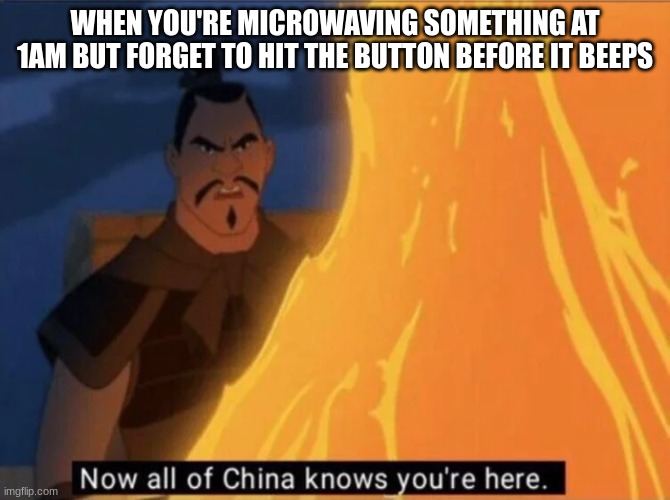 Now all of China knows you're here | WHEN YOU'RE MICROWAVING SOMETHING AT 1AM BUT FORGET TO HIT THE BUTTON BEFORE IT BEEPS | image tagged in now all of china knows you're here | made w/ Imgflip meme maker