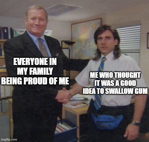 the office congratulations |  EVERYONE IN MY FAMILY BEING PROUD OF ME; ME WHO THOUGHT IT WAS A GOOD IDEA TO SWALLOW GUM | image tagged in the office congratulations | made w/ Imgflip meme maker