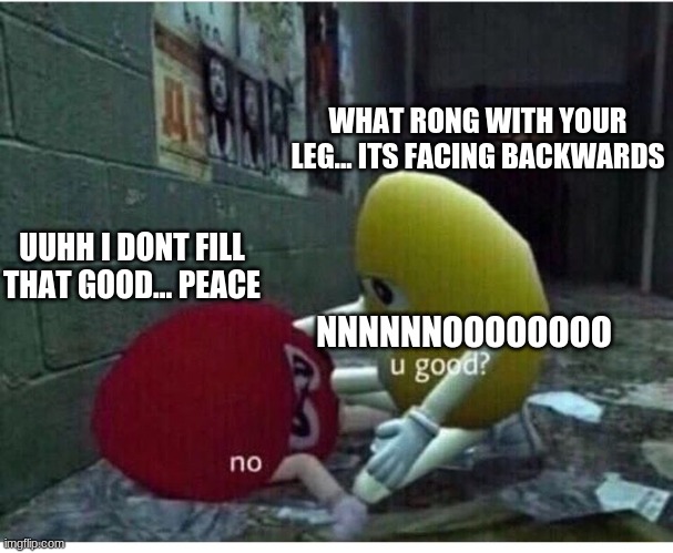 U Good No | WHAT RONG WITH YOUR LEG... ITS FACING BACKWARDS; UUHH I DONT FILL THAT GOOD... PEACE; NNNNNNOOOOOOOO | image tagged in u good no | made w/ Imgflip meme maker