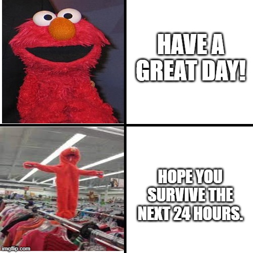 someone told this to me lmao | HAVE A GREAT DAY! HOPE YOU SURVIVE THE NEXT 24 HOURS. | image tagged in blank meme grid,elmo | made w/ Imgflip meme maker