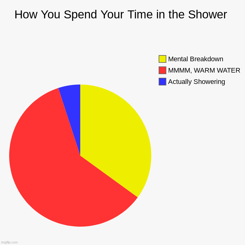 Nobody can deny it | How You Spend Your Time in the Shower | Actually Showering, MMMM, WARM WATER, Mental Breakdown | image tagged in pie charts,charts,funny,shower,bored | made w/ Imgflip chart maker