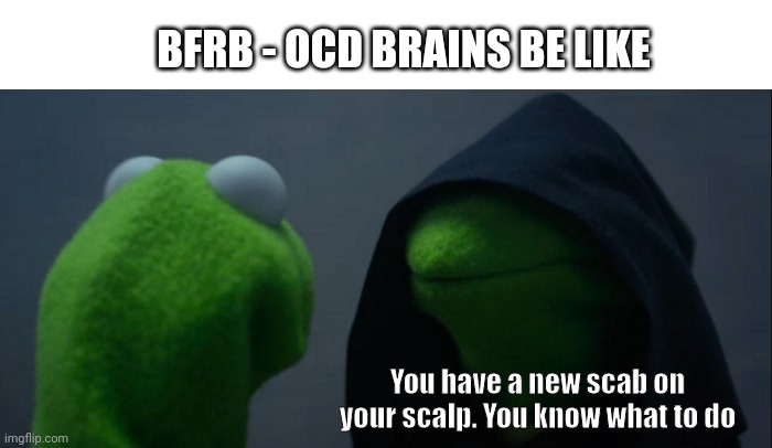 Why brain | BFRB - OCD BRAINS BE LIKE; You have a new scab on your scalp. You know what to do | image tagged in memes,evil kermit,ocd,obsessive-compulsive,mental illness | made w/ Imgflip meme maker