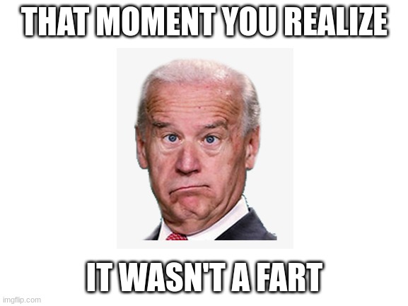 there goes biden, crapping his pants again | THAT MOMENT YOU REALIZE; IT WASN'T A FART | image tagged in blank white template,biden crapped his pants | made w/ Imgflip meme maker