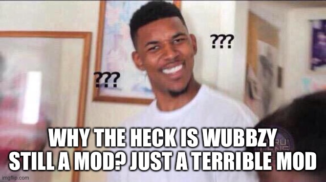 Black guy confused | WHY THE HECK IS WUBBZY STILL A MOD? JUST A TERRIBLE MOD | image tagged in black guy confused | made w/ Imgflip meme maker