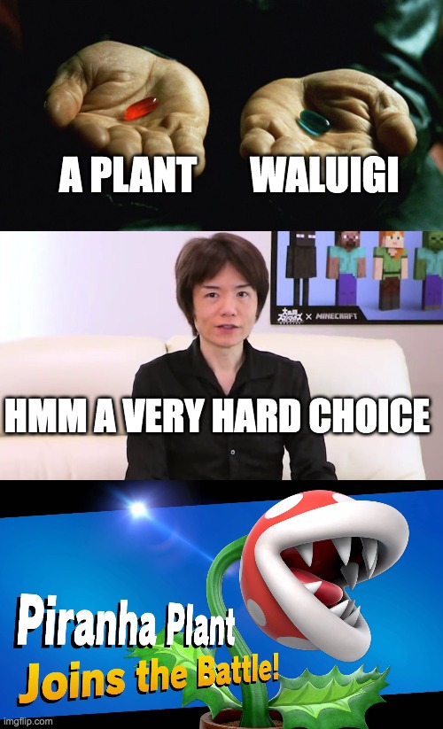 Why a plant. | A PLANT; WALUIGI; HMM A VERY HARD CHOICE | image tagged in red pill blue pill | made w/ Imgflip meme maker