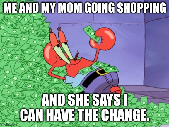 mr krabs money | ME AND MY MOM GOING SHOPPING; AND SHE SAYS I CAN HAVE THE CHANGE. | image tagged in mr krabs money | made w/ Imgflip meme maker