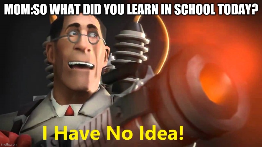Forgot the Me: part screw it | MOM:SO WHAT DID YOU LEARN IN SCHOOL TODAY? | image tagged in i have no idea medic version | made w/ Imgflip meme maker