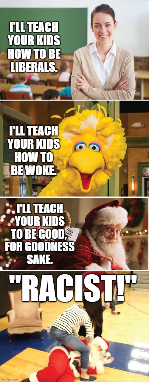 Liberalism is the only disease that can be taught. | I'LL TEACH
YOUR KIDS
HOW TO BE
LIBERALS. I'LL TEACH
YOUR KIDS
HOW TO
BE WOKE. I'LL TEACH
YOUR KIDS
TO BE GOOD, 
FOR GOODNESS
SAKE. "RACIST!" | image tagged in liberals,democrats,teachers,big bird,santa,memes | made w/ Imgflip meme maker