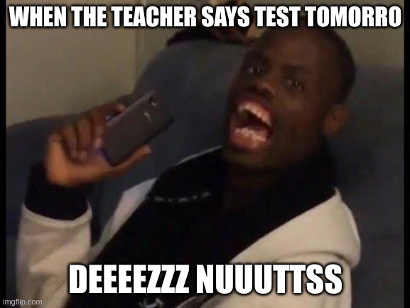 deez nuuuttty | WHEN THE TEACHER SAYS TEST TOMORRO; DEEEEZZZ NUUUTTSS | image tagged in deez nuts | made w/ Imgflip meme maker