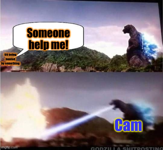 Attempt to harm/kill the Octoling will result in your termination | Someone help me! UO being hunted by something; Cam | image tagged in godzilla hates x | made w/ Imgflip meme maker