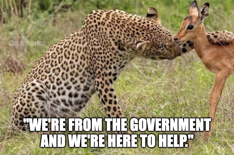Original Cheetah Petting Deer Meme | @foramerica; "WE'RE FROM THE GOVERNMENT AND WE'RE HERE TO HELP." | image tagged in original cheetah petting deer meme | made w/ Imgflip meme maker