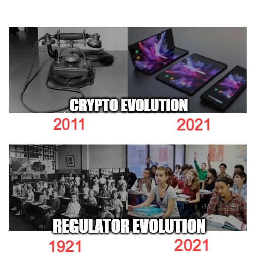  CRYPTO EVOLUTION; 2011; 2021; REGULATOR EVOLUTION; 2021; 1921 | image tagged in 100 years difference | made w/ Imgflip meme maker