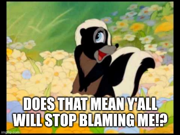 bambi skunk flower | DOES THAT MEAN Y'ALL WILL STOP BLAMING ME!? | image tagged in bambi skunk flower | made w/ Imgflip meme maker