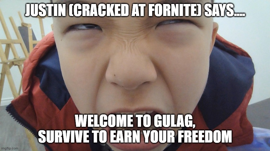 lol | JUSTIN (CRACKED AT FORNITE) SAYS.... WELCOME TO GULAG, SURVIVE TO EARN YOUR FREEDOM | image tagged in lol guy | made w/ Imgflip meme maker