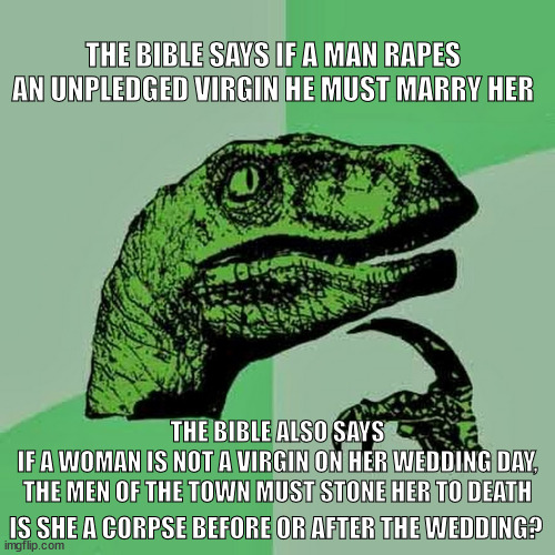 bible hypocrisy | THE BIBLE SAYS IF A MAN RAPES AN UNPLEDGED VIRGIN HE MUST MARRY HER; THE BIBLE ALSO SAYS
IF A WOMAN IS NOT A VIRGIN ON HER WEDDING DAY, THE MEN OF THE TOWN MUST STONE HER TO DEATH; IS SHE A CORPSE BEFORE OR AFTER THE WEDDING? | image tagged in raptor | made w/ Imgflip meme maker