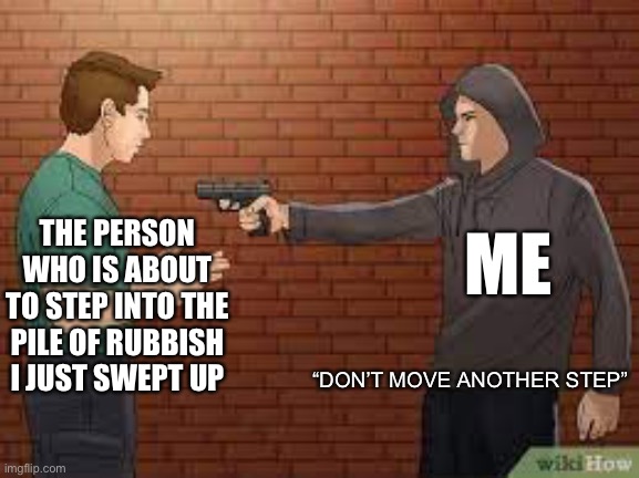 Look a creative title! | ME; THE PERSON WHO IS ABOUT TO STEP INTO THE PILE OF RUBBISH I JUST SWEPT UP; “DON’T MOVE ANOTHER STEP” | image tagged in rubbish,sweep | made w/ Imgflip meme maker