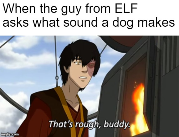 Anti-memes | When the guy from ELF asks what sound a dog makes | image tagged in zuko thats rough buddy | made w/ Imgflip meme maker