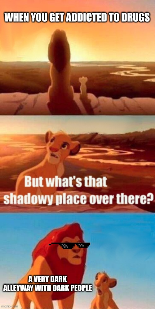 WhY SImBa, WhY? | WHEN YOU GET ADDICTED TO DRUGS; A VERY DARK ALLEYWAY WITH DARK PEOPLE | image tagged in memes,simba shadowy place | made w/ Imgflip meme maker