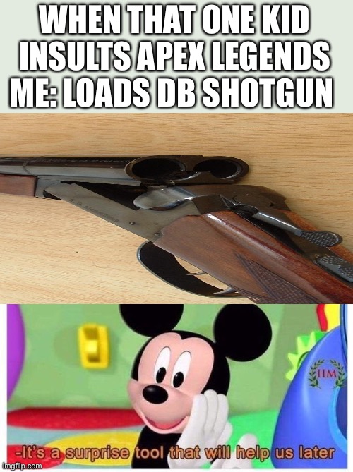 It's a surprise tool that will help us later | WHEN THAT ONE KID INSULTS APEX LEGENDS ME: LOADS DB SHOTGUN | image tagged in it's a surprise tool that will help us later | made w/ Imgflip meme maker