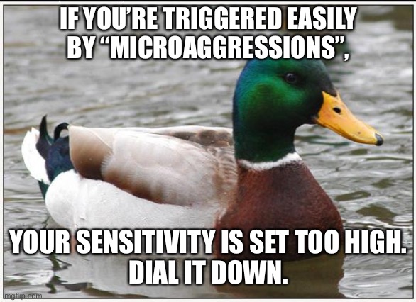 Words cannot hurt you unless you are really brittle | IF YOU’RE TRIGGERED EASILY
BY “MICROAGGRESSIONS”, YOUR SENSITIVITY IS SET TOO HIGH.
DIAL IT DOWN. | image tagged in memes,actual advice mallard,overly sensitive,words,liberal logic,triggered | made w/ Imgflip meme maker
