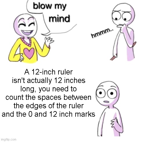 Guys did I explain that correctly? | A 12-inch ruler isn't actually 12 inches long, you need to count the spaces between the edges of the ruler and the 0 and 12 inch marks | image tagged in blow my mind,sus,mems,ruler | made w/ Imgflip meme maker