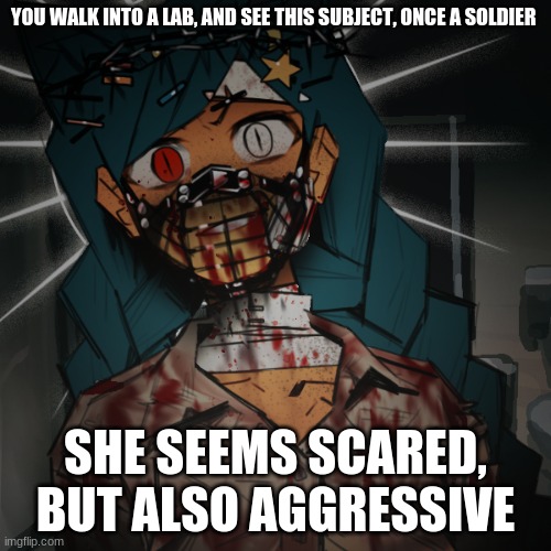 You can be a subject as well, or just visiting. Romance rps have to be male (sorry, this oc isn't bi like me) | YOU WALK INTO A LAB, AND SEE THIS SUBJECT, ONCE A SOLDIER; SHE SEEMS SCARED, BUT ALSO AGGRESSIVE | image tagged in experiment roleplay | made w/ Imgflip meme maker