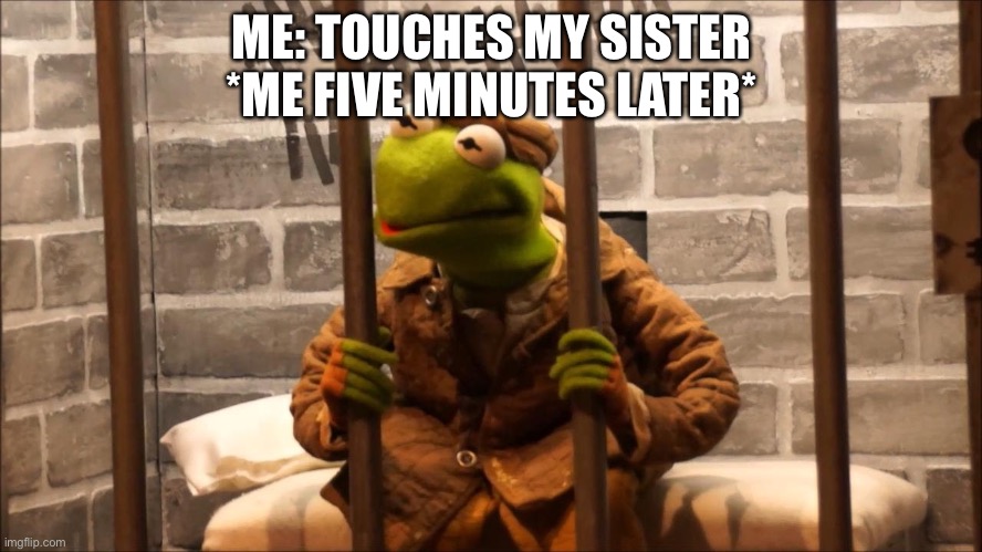 Kermit in jail | ME: TOUCHES MY SISTER
*ME FIVE MINUTES LATER* | image tagged in kermit in jail | made w/ Imgflip meme maker
