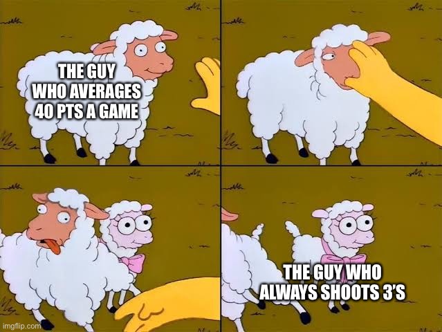 Sheep, cartoon, Simpsons, | THE GUY WHO AVERAGES 40 PTS A GAME; THE GUY WHO ALWAYS SHOOTS 3’S | image tagged in sheep cartoon simpsons | made w/ Imgflip meme maker