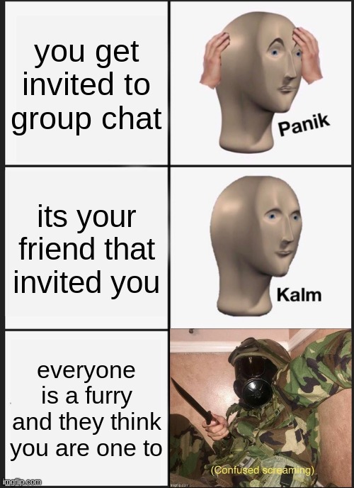 no hate just im not a furry | you get invited to group chat; its your friend that invited you; everyone is a furry and they think you are one to | image tagged in memes,panik kalm panik | made w/ Imgflip meme maker