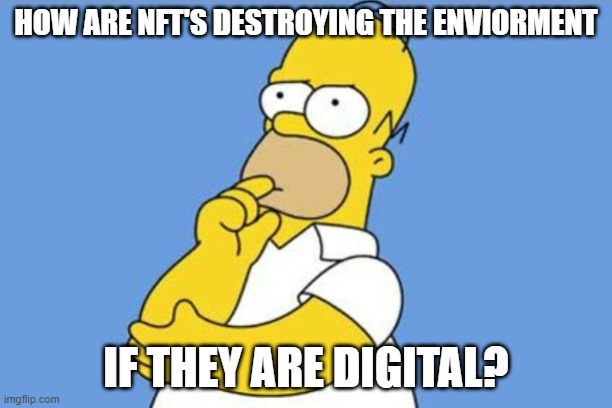 Seriously, if your digital, how are you destroying the irl | HOW ARE NFT'S DESTROYING THE ENVIORMENT; IF THEY ARE DIGITAL? | image tagged in homer thinking | made w/ Imgflip meme maker