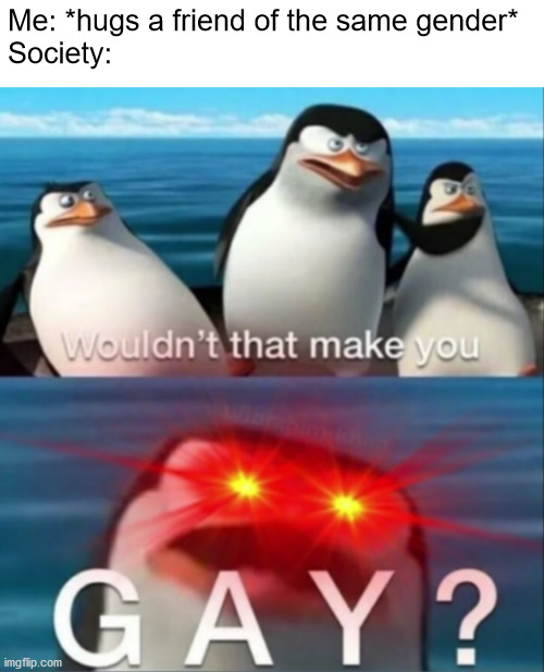 but wouldn't that make you... G A Y ? | Me: *hugs a friend of the same gender*
Society: | image tagged in wouldn't that make you gay,memes | made w/ Imgflip meme maker