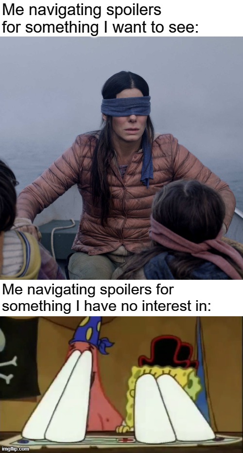 Me navigating spoilers for something I want to see:; Me navigating spoilers for something I have no interest in: | image tagged in memes,bird box | made w/ Imgflip meme maker