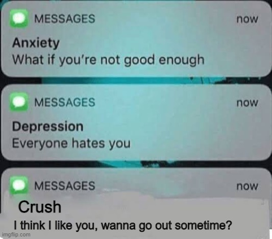 Just in case someone needs to see this today | Crush; I think I like you, wanna go out sometime? | image tagged in anxiety/depression texts,wholesome,crush | made w/ Imgflip meme maker