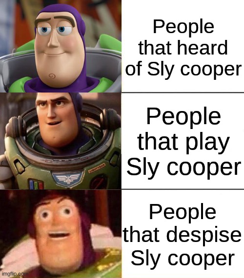 Better, best, blurst lightyear edition | People that heard of Sly cooper; People that play Sly cooper; People that despise Sly cooper | image tagged in better best blurst lightyear edition | made w/ Imgflip meme maker