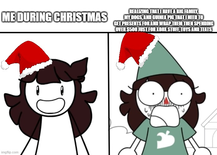 Christmas be like: | REALIZING THAT I HAVE A BIG FAMILY, MY DOGS, AND GUINEA PIG THAT I NEED TO GET PRESENTS FOR AND WRAP THEM THEN SPENDING OVER $500 JUST FOR XBOX STUFF, TOYS AND TEATS; ME DURING CHRISTMAS | image tagged in christmas | made w/ Imgflip meme maker