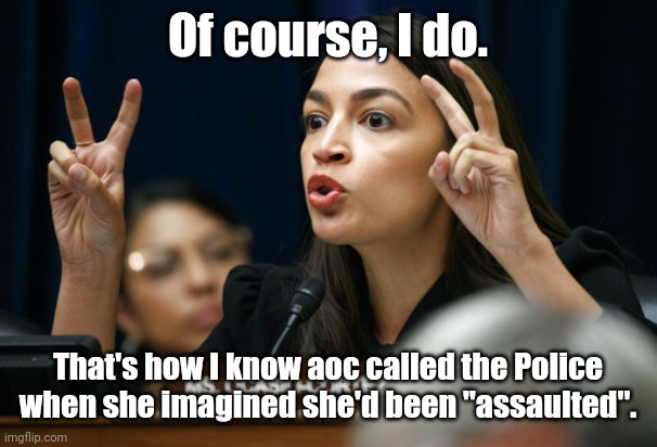 aoc the Air Head makes Air Quotes | Of course, I do. That's how I know aoc called the Police when she imagined she'd been "assaulted". | image tagged in aoc the air head makes air quotes | made w/ Imgflip meme maker