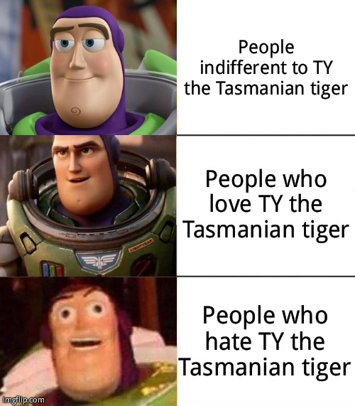 Better, best, blurst lightyear edition | People indifferent to TY the Tasmanian tiger; People who love TY the Tasmanian tiger; People who hate TY the Tasmanian tiger | image tagged in better best blurst lightyear edition | made w/ Imgflip meme maker