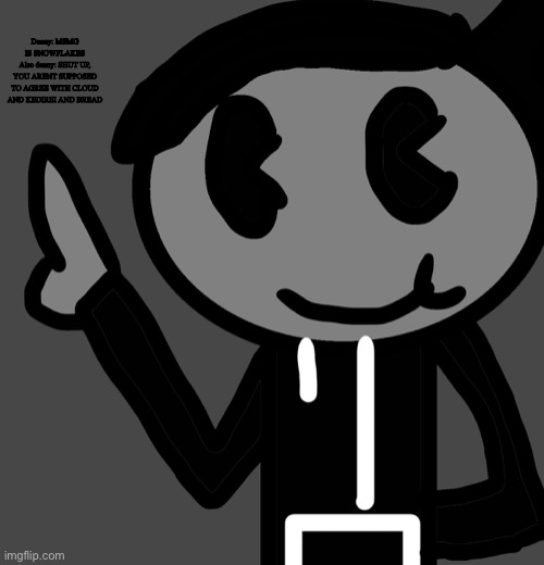 The hypocrisy and narcissism | Danny: MSMG IS SNOWFLAKES
Also danny: SHUT UP, YOU ARENT SUPPOSED TO AGREE WITH CLOUD AND KEDIREI AND BREAD | image tagged in creatorbread points at words | made w/ Imgflip meme maker