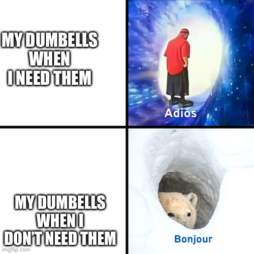 I don’t HAVE a cleaver title |  MY DUMBELLS WHEN I NEED THEM; MY DUMBELLS WHEN I DON’T NEED THEM | image tagged in adios bonjour,weight lifting | made w/ Imgflip meme maker