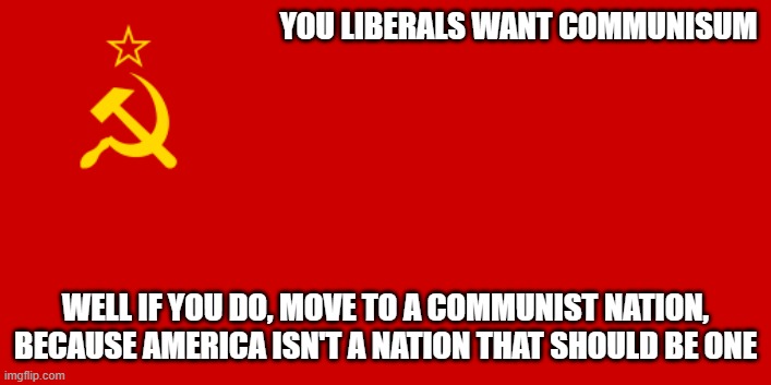 Why bring it to America? Why not go to a communist nation if you want it so much? | YOU LIBERALS WANT COMMUNISUM; WELL IF YOU DO, MOVE TO A COMMUNIST NATION, BECAUSE AMERICA ISN'T A NATION THAT SHOULD BE ONE | image tagged in ussr flag,communism | made w/ Imgflip meme maker