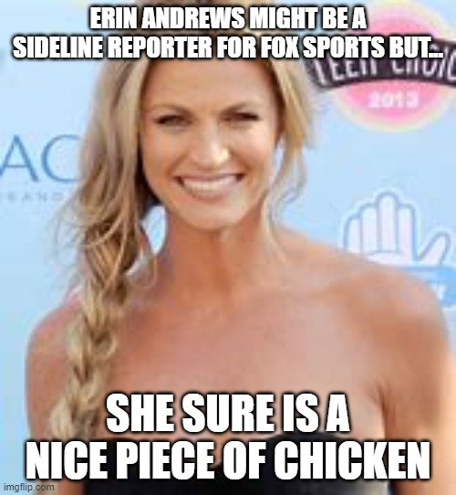 ERIN ANDREWS MIGHT BE A SIDELINE REPORTER FOR FOX SPORTS BUT... SHE SURE IS A NICE PIECE OF CHICKEN | image tagged in girls,sports,news | made w/ Imgflip meme maker