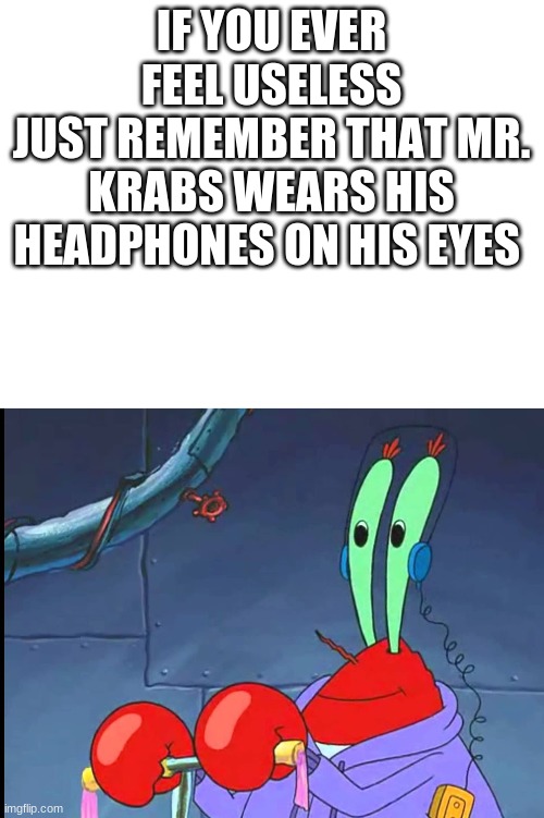 Bruhhh | IF YOU EVER FEEL USELESS
JUST REMEMBER THAT MR. KRABS WEARS HIS HEADPHONES ON HIS EYES | image tagged in blank white template,useless fact of the day,mr krabs,headphones,bruh moment | made w/ Imgflip meme maker