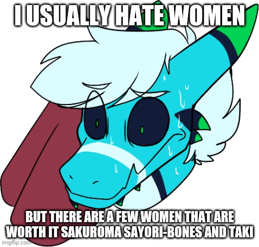 Retro sweating | I USUALLY HATE WOMEN; BUT THERE ARE A FEW WOMEN THAT ARE WORTH IT SAKUROMA SAYORI-BONES AND TAKI | image tagged in retro sweating | made w/ Imgflip meme maker