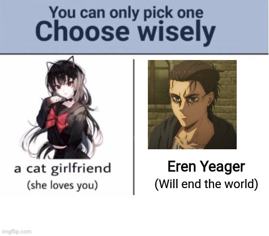 Choose wisely | Eren Yeager; (Will end the world) | image tagged in choose wisely | made w/ Imgflip meme maker