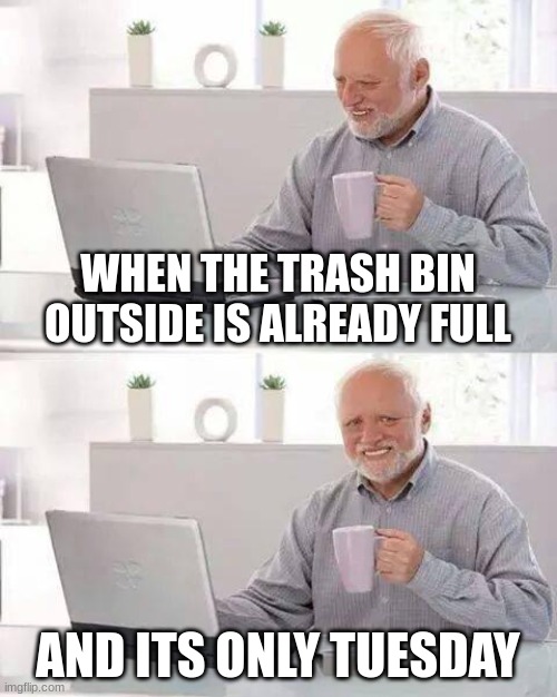 lol | WHEN THE TRASH BIN OUTSIDE IS ALREADY FULL; AND ITS ONLY TUESDAY | image tagged in memes,hide the pain harold | made w/ Imgflip meme maker