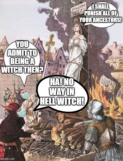 Burn The Witch | I SHALL PUNISH ALL OF YOUR ANCESTORS! YOU ADMIT TO BEING A WITCH THEN? HA! NO WAY IN HELL WITCH! | image tagged in burn the witch | made w/ Imgflip meme maker