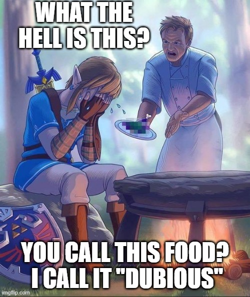 IT'S JUST MONSTER PARTS | WHAT THE HELL IS THIS? YOU CALL THIS FOOD?
 I CALL IT "DUBIOUS" | image tagged in legend of zelda,the legend of zelda breath of the wild,chef gordon ramsay,food | made w/ Imgflip meme maker