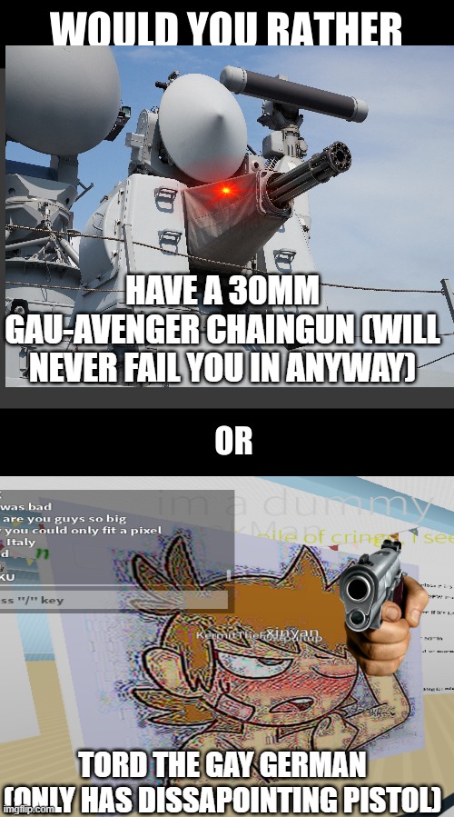 Would You Rather |  HAVE A 30MM GAU-AVENGER CHAINGUN (WILL NEVER FAIL YOU IN ANYWAY); TORD THE GAY GERMAN (ONLY HAS DISSAPOINTING PISTOL) | image tagged in would you rather | made w/ Imgflip meme maker