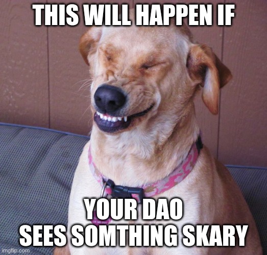 fun | THIS WILL HAPPEN IF; YOUR DAO
SEES SOMTHING SKARY | image tagged in laughing dog | made w/ Imgflip meme maker